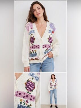 Needles & Yarn Womens Cardigan Sweater SZ L Long Sleeve White Floral Embroidered